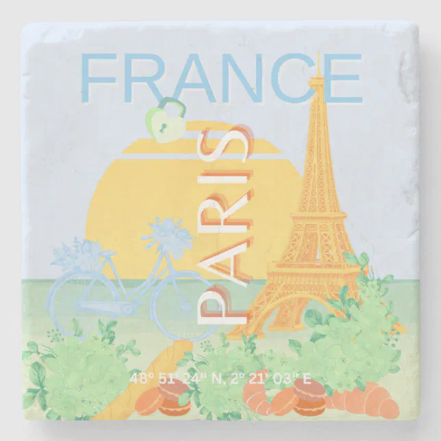Paris, France, Travel Art, Preppy, Pastel, Blue Stone Coaster | Zazzle