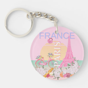 Paris, France, Travel Art, Preppy, Pastel, Pink Keychain