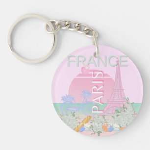 Paris, France, Travel Art, Preppy, Pastel, Pink Keychain