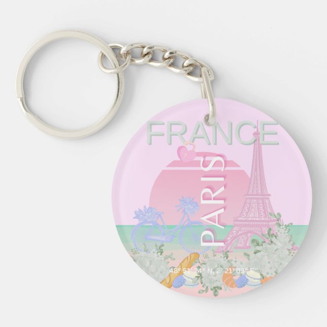 Paris, France, Travel Art, Preppy, Pastel, Pink Keychain (Front)