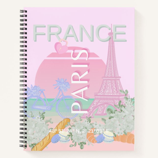Paris, France, Travel Art, Preppy, Pastel, Pink Notebook (Front)