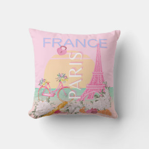 Paris, France, Travel Art, Preppy, Pastel, Pink Throw Pillow