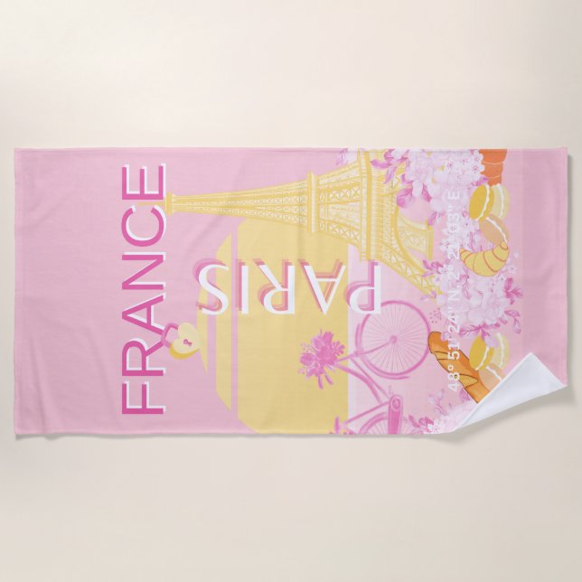 Paris, France, Travel Art, Preppy, Pink Beach Towel (Front)