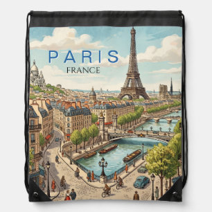 Paris France Travel Art Vintage Drawstring Bag