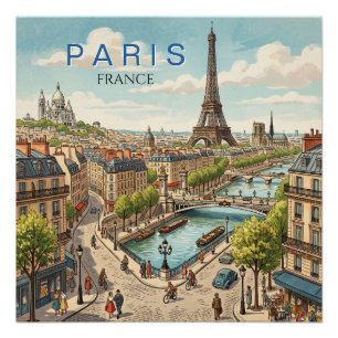 Paris France Travel Art Vintage Poster