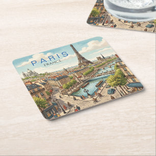 Paris France Travel Art Vintage Square Paper Coaster