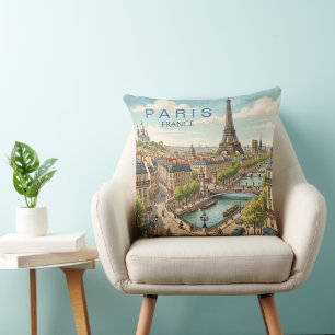 Paris France Travel Art Vintage Throw Pillow
