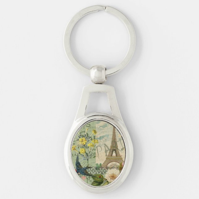 Paris France Travel Vintage Antique Art Painting Keychain (Front)