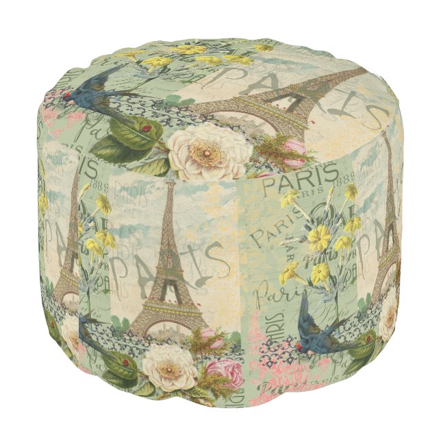 Paris France Travel Vintage Antique Art Painting Pouf (Angled Back)