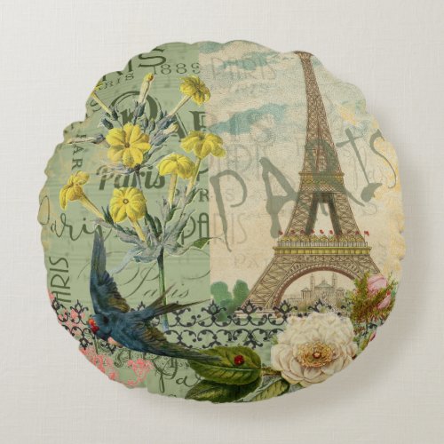 Paris France Travel Vintage Antique Art Painting Round Pillow