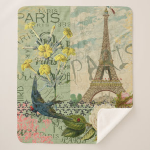 Paris France Travel Vintage Antique Art Painting Sherpa Blanket