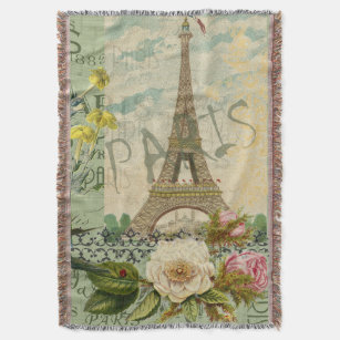 Paris France Travel Vintage Antique Art Painting Throw Blanket