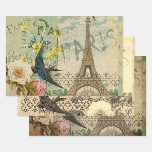 Paris France Travel Vintage Antique Art Painting Wrapping Paper Sheets