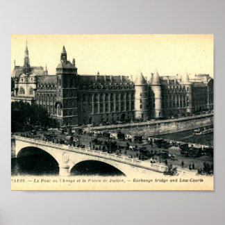 Paris, France, View, Exchange Bridge, Vintage Poster