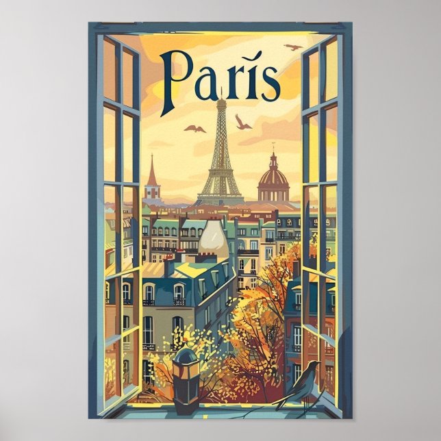 Paris France Vintage Retro Travel Illustration Poster (Front)