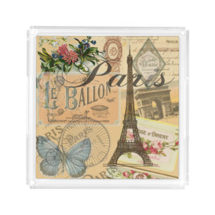 Paris France Vintage Travel Colorful Artwork Acrylic Tray