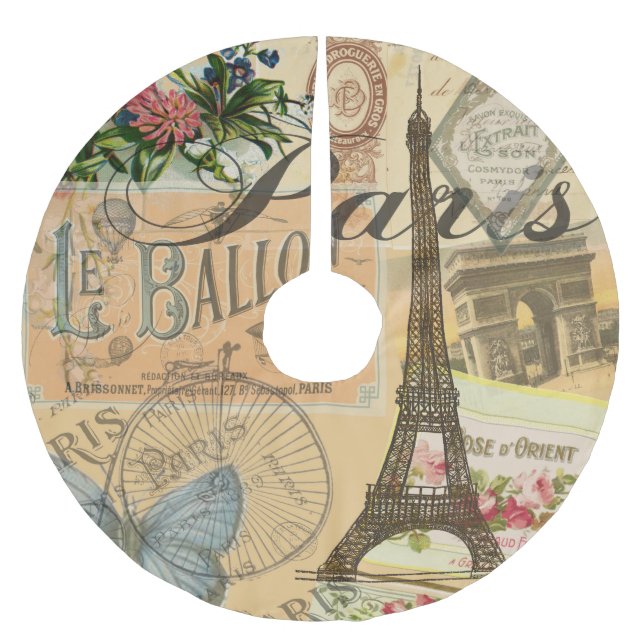 Paris France Vintage Travel Colorful Artwork Brushed Polyester Tree Skirt (Front)