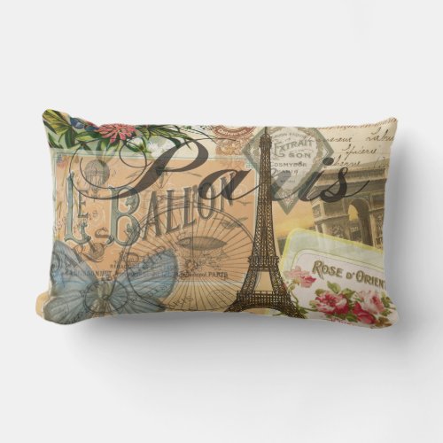 Paris France Vintage Travel Colorful Artwork Lumbar Pillow