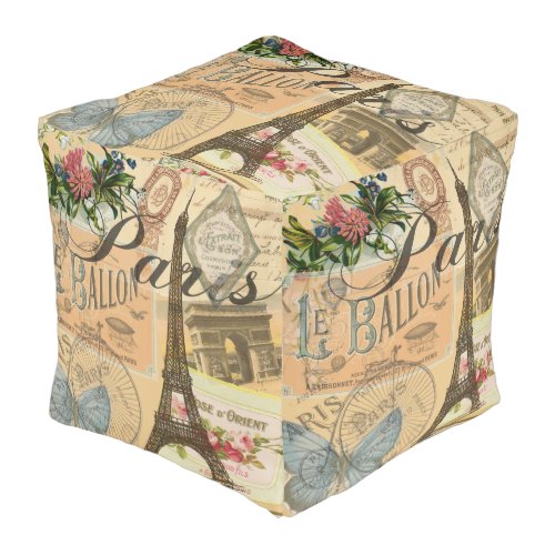 Paris France Vintage Travel Colorful Artwork Pouf