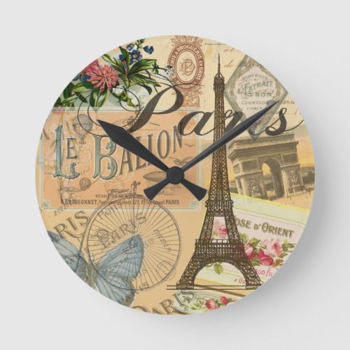 Paris France Vintage Travel Colorful Artwork Round Clock