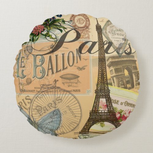 Paris France Vintage Travel Colorful Artwork Round Pillow