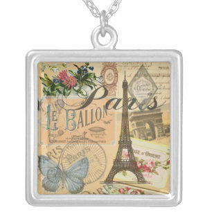 Paris France Vintage Travel Colorful Artwork Silver Plated Necklace