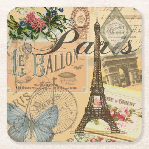 Paris France Vintage Travel Colorful Artwork Square Paper Coaster