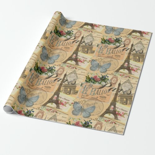 Paris France Vintage Travel Colorful Artwork Wrapping Paper