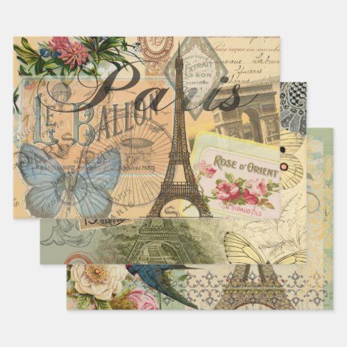Paris France Vintage Travel Colorful Artwork Wrapping Paper Sheets