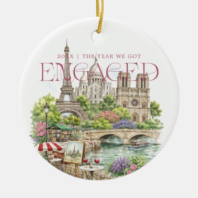 Paris France Watercolor Engagement Photo Ceramic Ornament (Front)