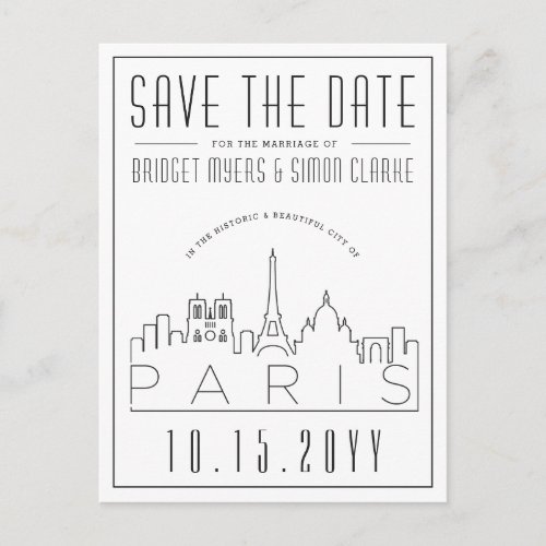 Paris France Wedding  Skyline Save the Date Postcard