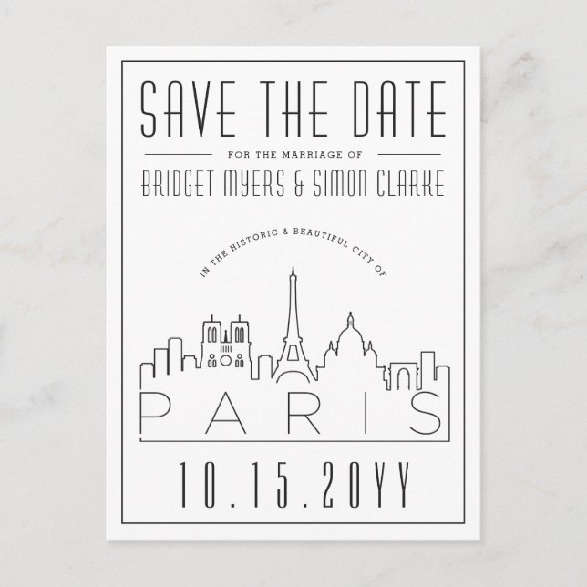 Paris, France Wedding | Skyline Save the Date Postcard (Front)
