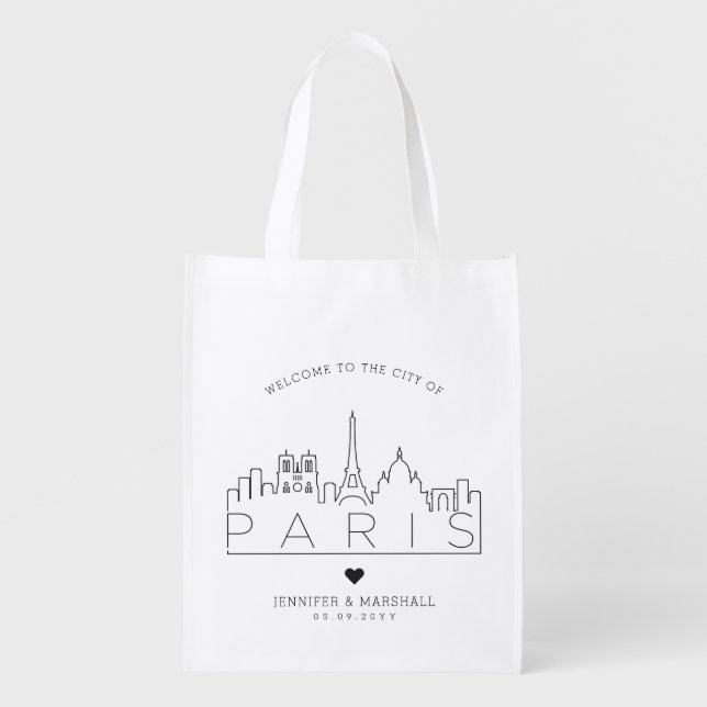 Paris, France Wedding | Stylized Skyline Grocery Bag (Front)
