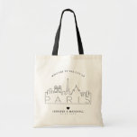 Paris, France Wedding | Stylized Skyline Tote Bag<br><div class="desc">A unique wedding tote bag for a wedding taking place in the beautiful city of Paris,  France.  This tote features a stylized illustration of the city's unique skyline with its name underneath.  This is followed by your wedding day information in a matching open lined style.</div>