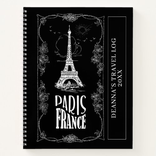 Paris France White on Black Personalized Notebook