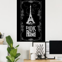 Paris France White on Black Poster