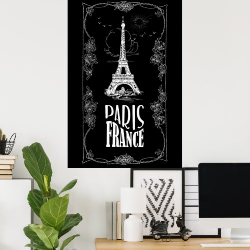 Paris France White on Black Poster