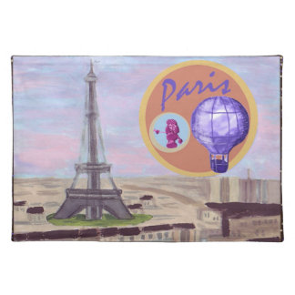 Paris France with Eiffel Tower hot air balloon and Cloth Placemat