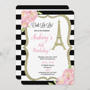 Paris French birthday invitation girl pink gold