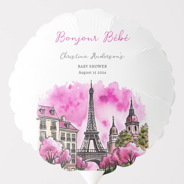 Paris French Bonjour Bebe Pink Black Baby Shower Balloon (Front)