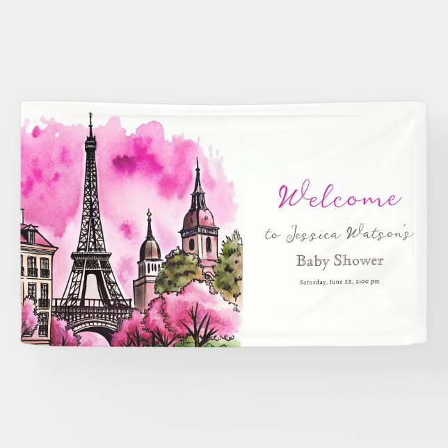 Paris French Bonjour Bebe Pink Black Baby Shower Banner (Horizontal)