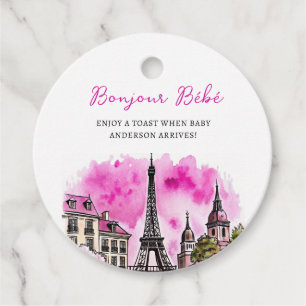 Paris French Bonjour Bebe Pink Black Baby Shower Favor Tags