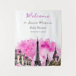 Paris French Bonjour Bebe Pink Black Baby Shower Tapestry