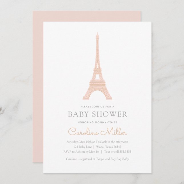 Paris French Eiffel Tower Pink Girl Baby Shower Invitation (Front/Back)