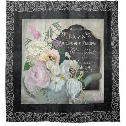 Paris French Floral Market Watering Can Chalkboard Shower Curtain