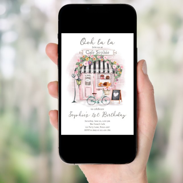 Paris French Parisian Cafe Tea Party Girl Birthday Invitation (Front Digital)