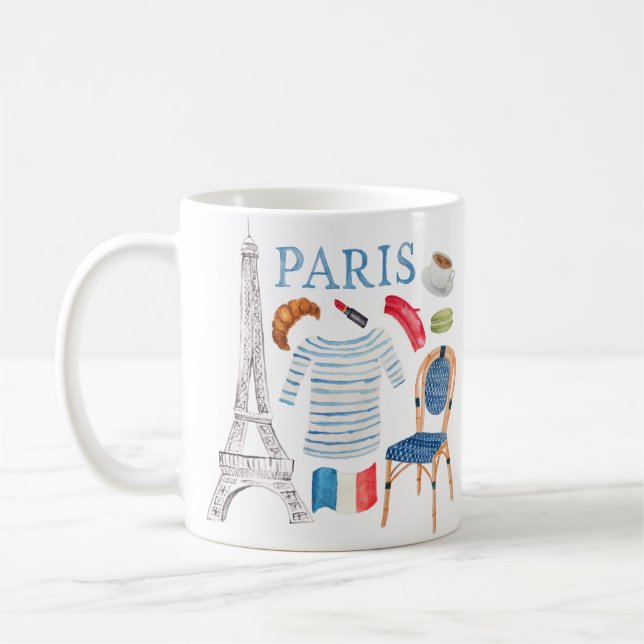 Paris French Watercolor Doodles Mug (Left)