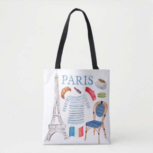 Paris French Watercolor Doodles Tote