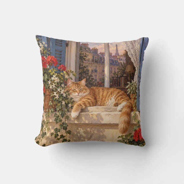 Paris Ginger Cat Blue Shutter Window Throw Pillow (Front)