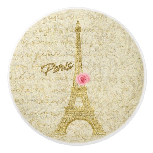 Paris Golden Eiffel Tower  Pink Rose Elegant Ceramic Knob